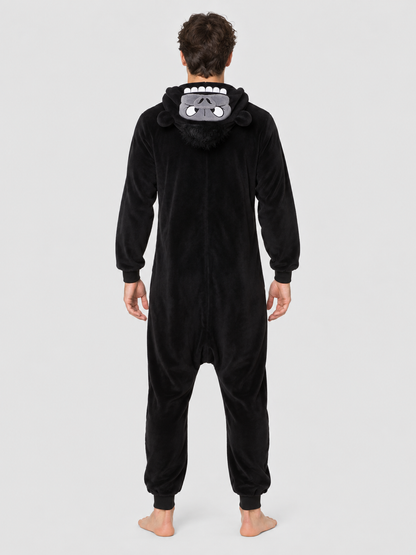 Black and gray hooded kigurumi jumpsuit with a face design