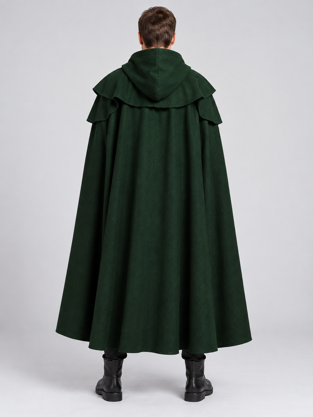 Long Loose-Fit Hooded Cloak Cape Dark Green