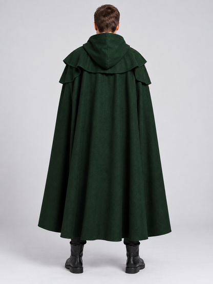 Long Loose-Fit Hooded Cloak Cape Dark Green