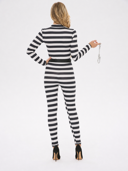 Striped Jumpsuit with Hood, Zipper, and Belt