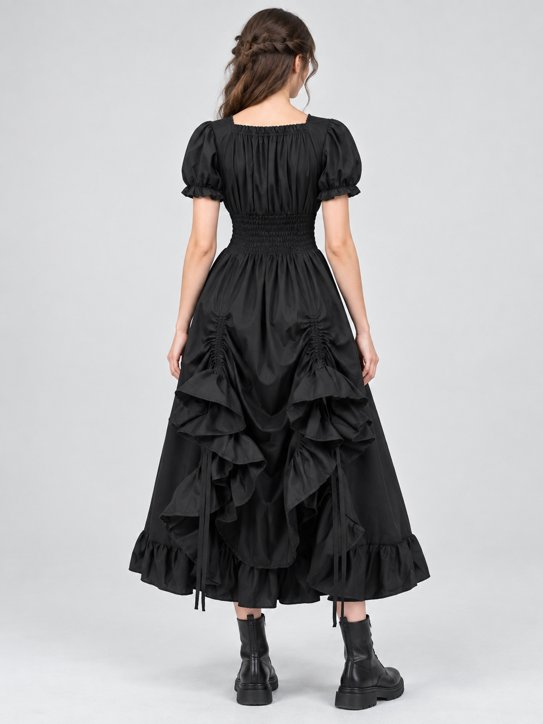Black Square-Neck Dress with Puff Sleeves