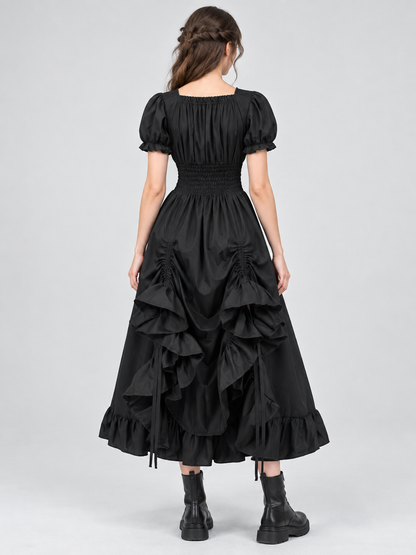 Black Square-Neck Dress with Puff Sleeves