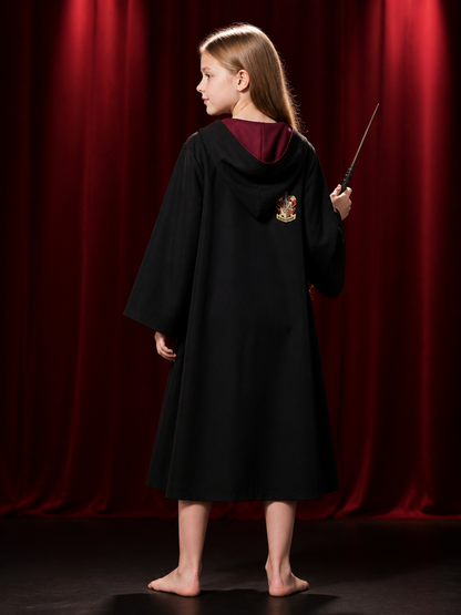 Black Hooded Wizard Robe Costume Set With Crest And Magic Wand back view