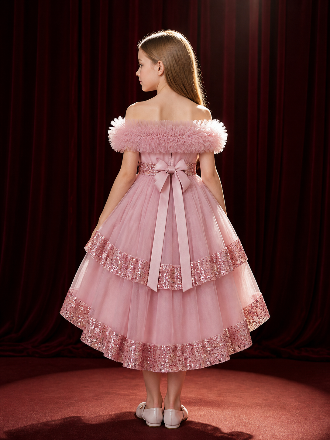 Girls' Princess Tulle Dress with Sequin Waistband and Layered Tutu Skirt