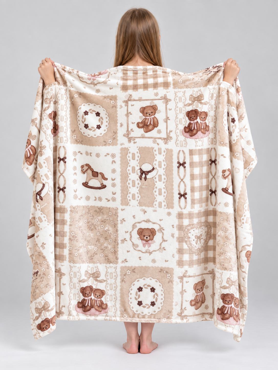 Beige fluffy blanket with teddy bear and bow print