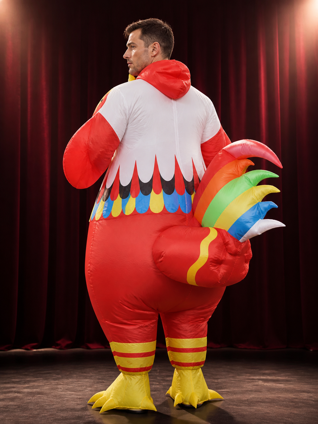 Inflatable Chicken Costume, Colorful Feather Design, Full Body Funny Outfit back view
