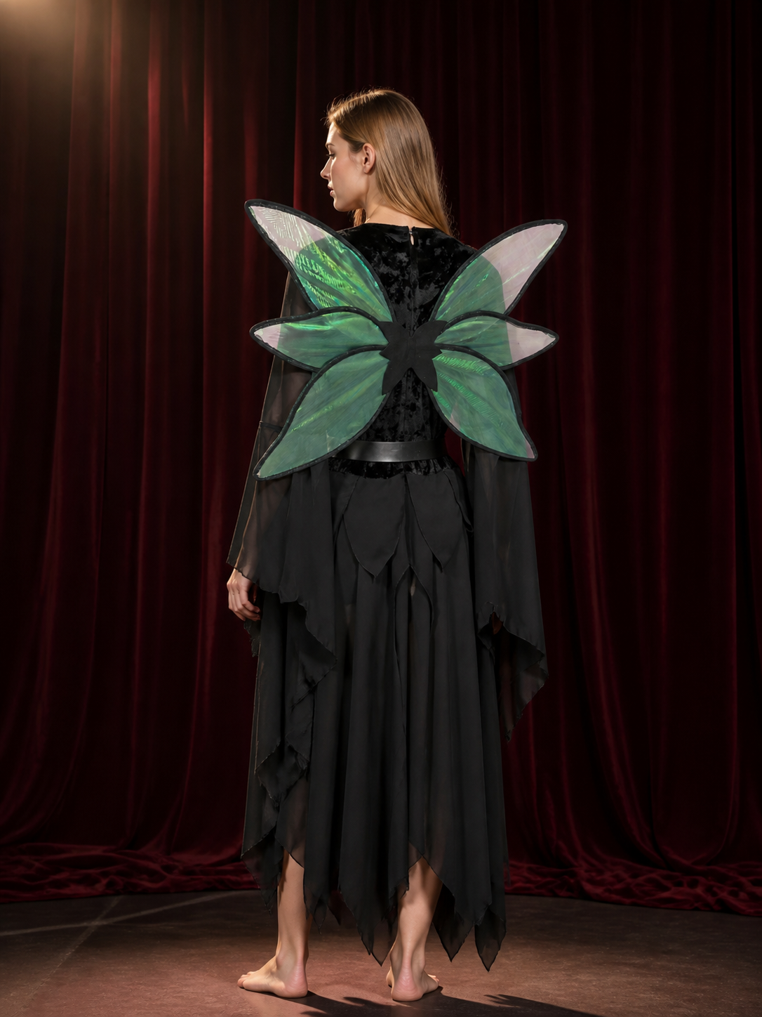Women's Medieval Elf Dress with Green Wings and Elf Ears, Halloween Fantasy back view