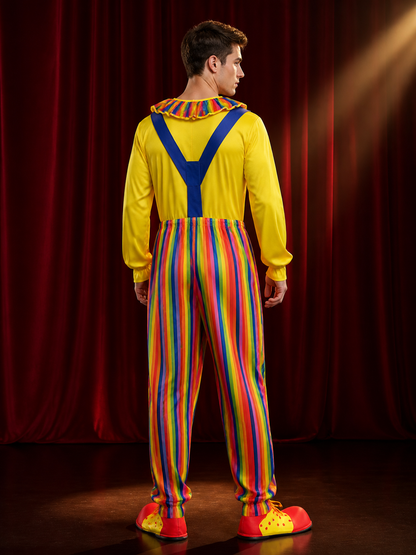 Adult Clown Jumpsuit Costume, Colorful Striped Bodysuit with Suspenders and back view