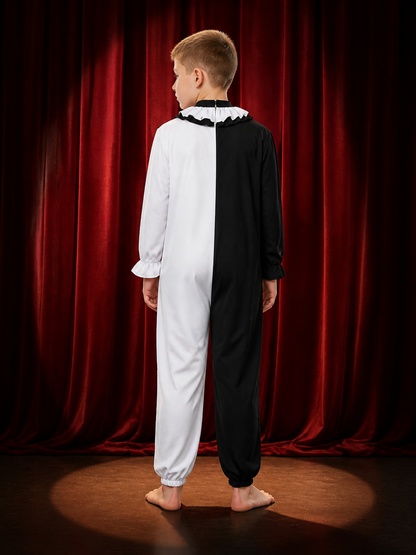 Men's Black and White Jester Jumpsuit Halloween Costume with Ruffled Collar back view