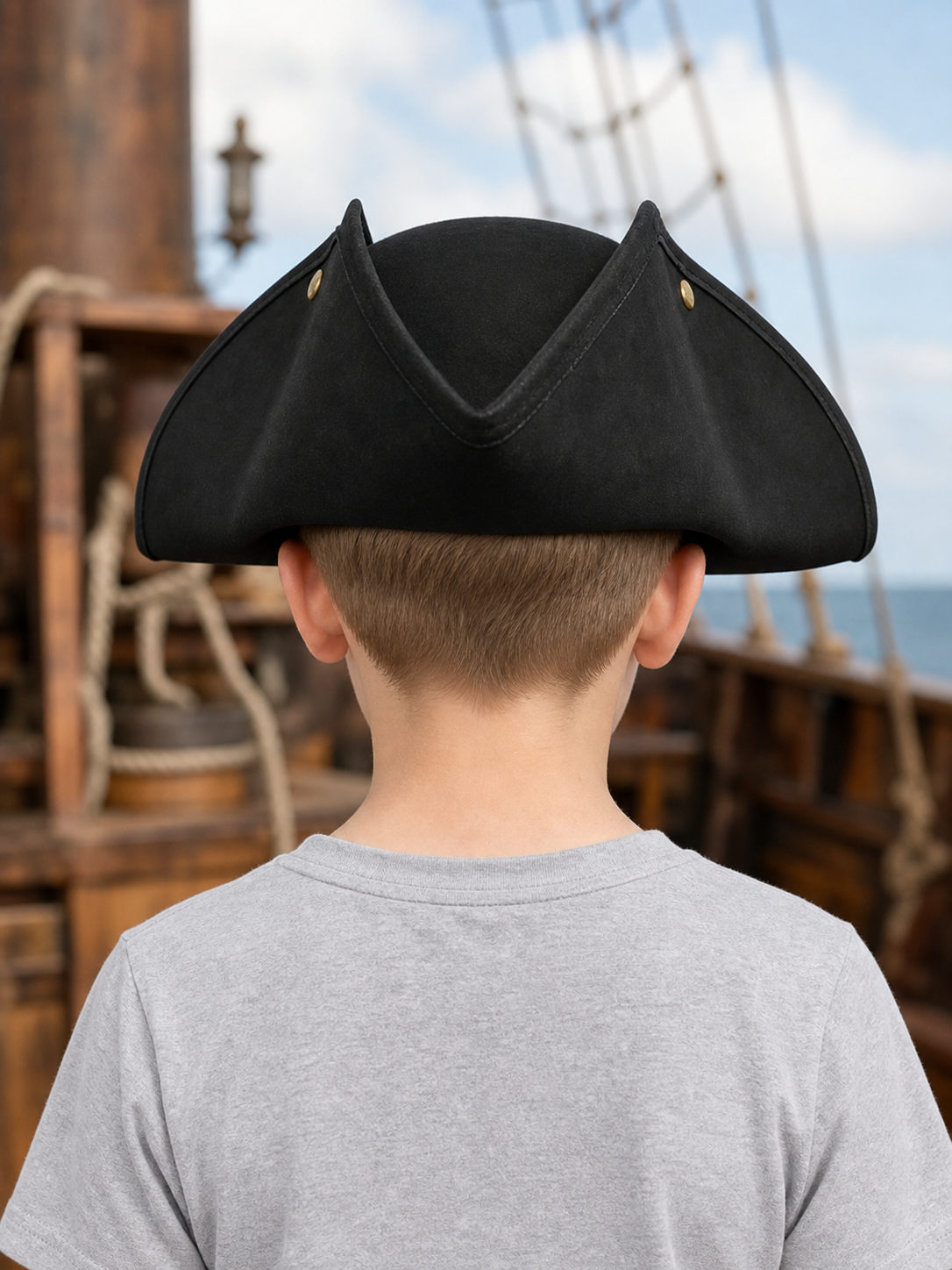 Classic Pirate Hat for Kids, Wide Tricorn Pirate Captain Hat with Raised Pointed Sides and Gold-Colored Accents for Halloween Costume, Dress-Up Play and Themed Parties