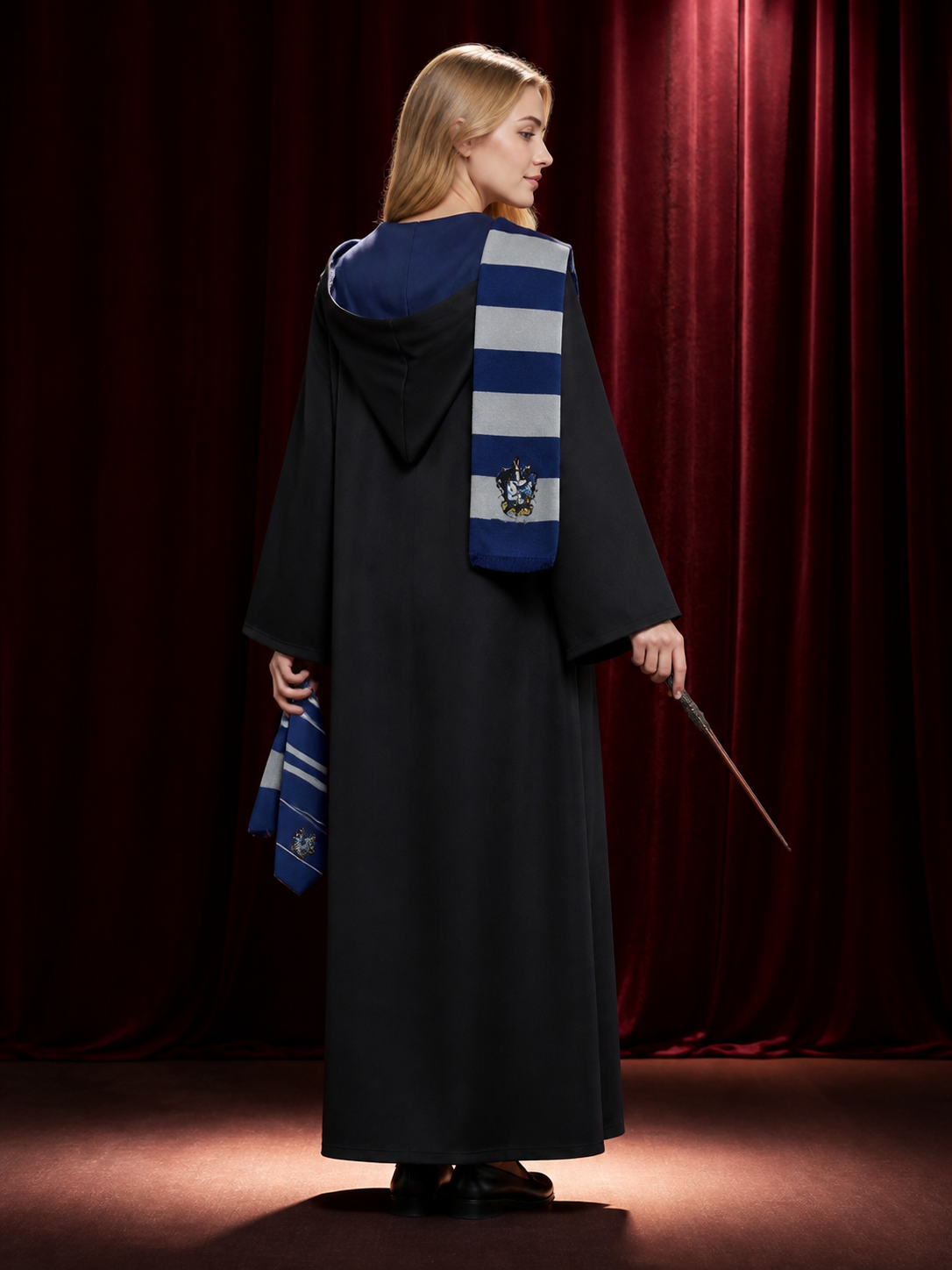 Wizard Robe Costume Set, Hooded Black Cloak with Blue-White Striped Scarf, Tie back view