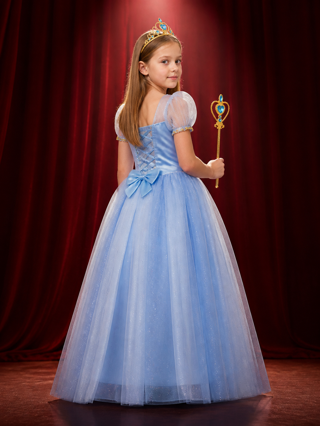 Princess Crown and Magic Wand Set, Blue Gold Heart Gems Costume Accessory back view