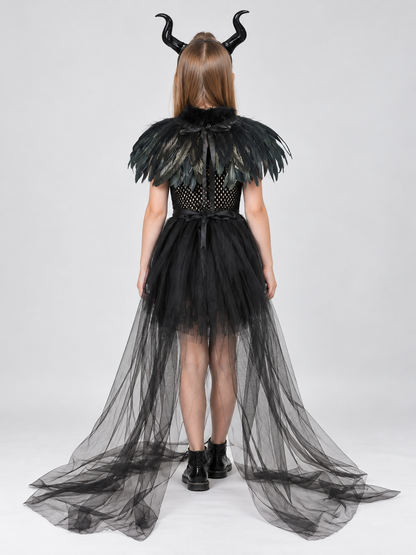 Kids' Witch Costume Black with Feathers and Mesh
