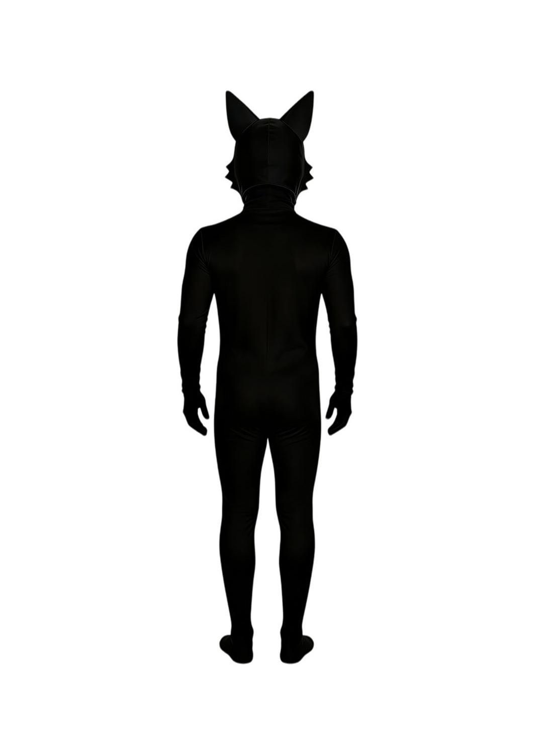 Back view of the black wolf bodysuit showing the hood with pointed ears and full-length legs
