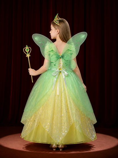 Girls Princess Dress Costume Set with Crown and Magic Wand, Green and Yellow back view