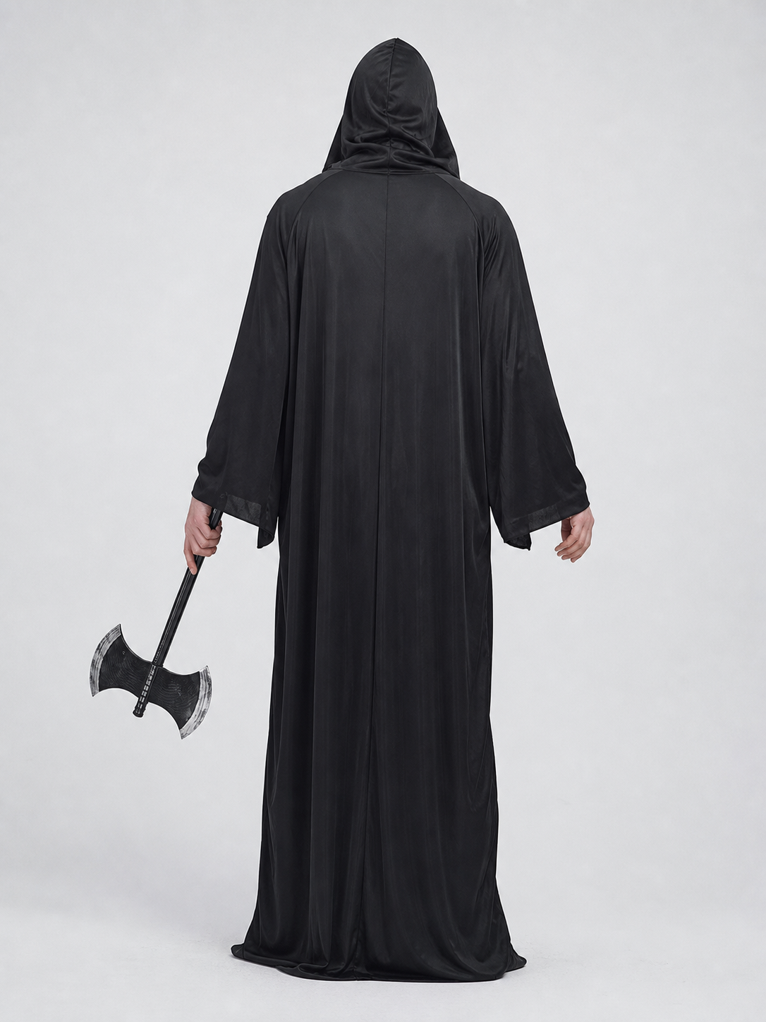 Dark fantasy costume with hood and axe back view 4