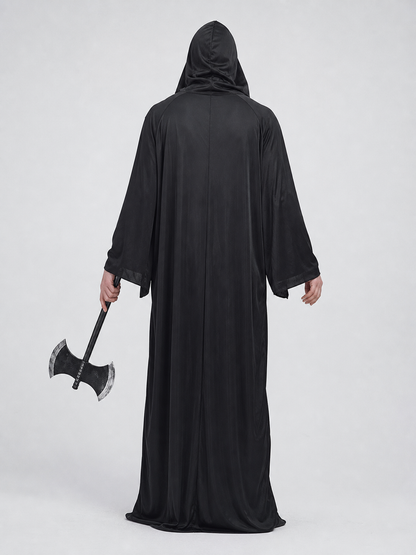 Dark fantasy costume with hood and axe back view 4
