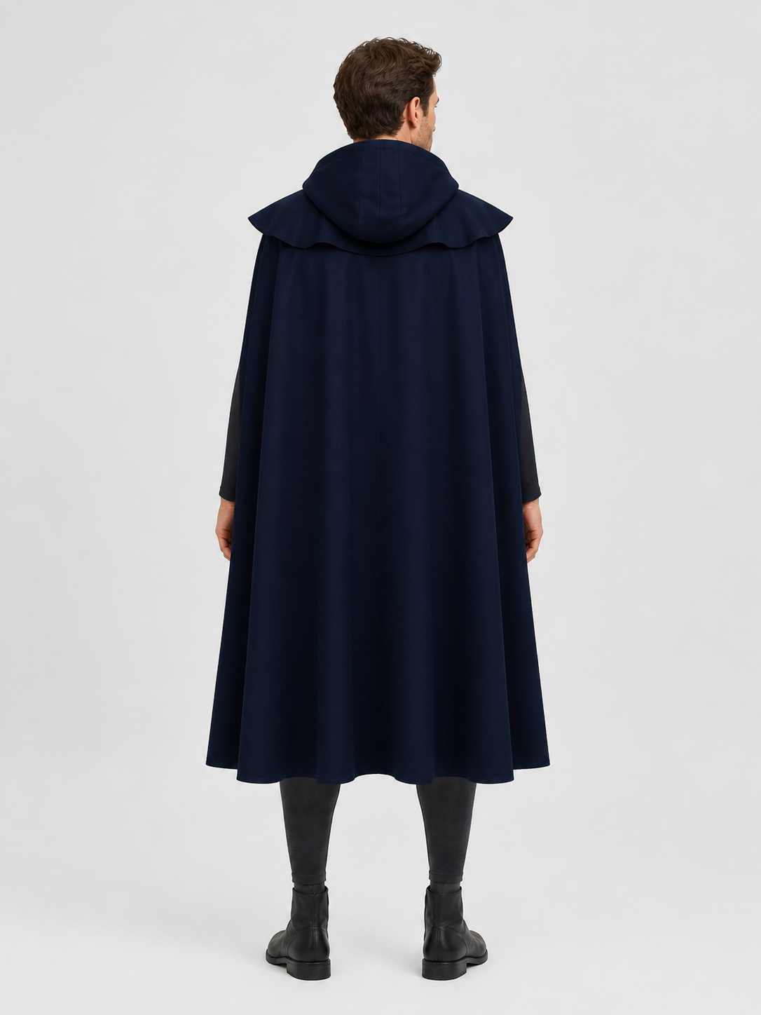 Long Blue Gothic Hooded Cloak with Ties back view