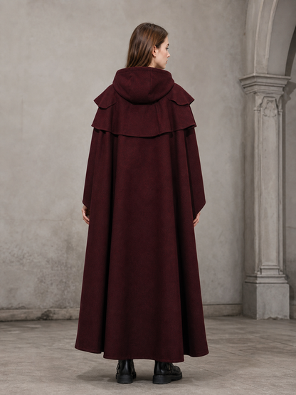 Medieval Gothic Hooded Cloak, Burgundy