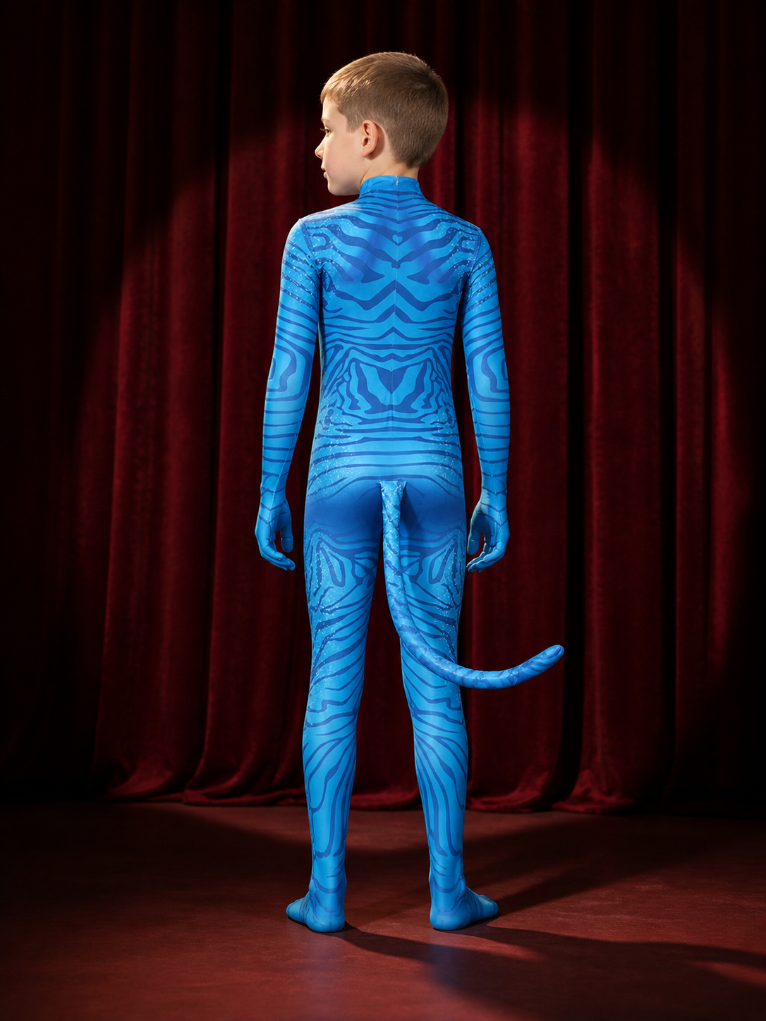 Kids Avatar 3 Bodysuit Costume, Blue Muscle Print with Tail, Halloween Outfit back view