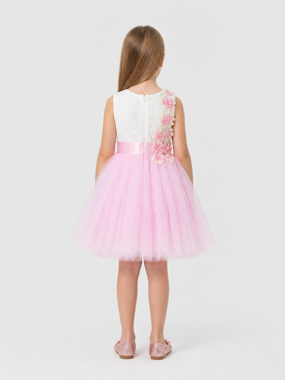 White and Pink Princess Dress with Lace and Full Skirt