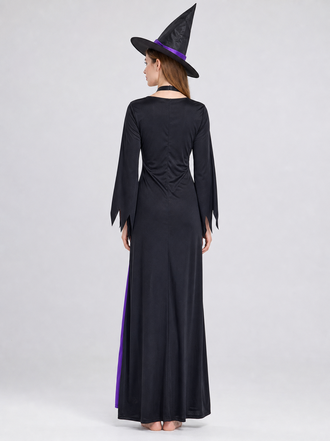 Purple and Black Witch Costume with Dress and Hat back view