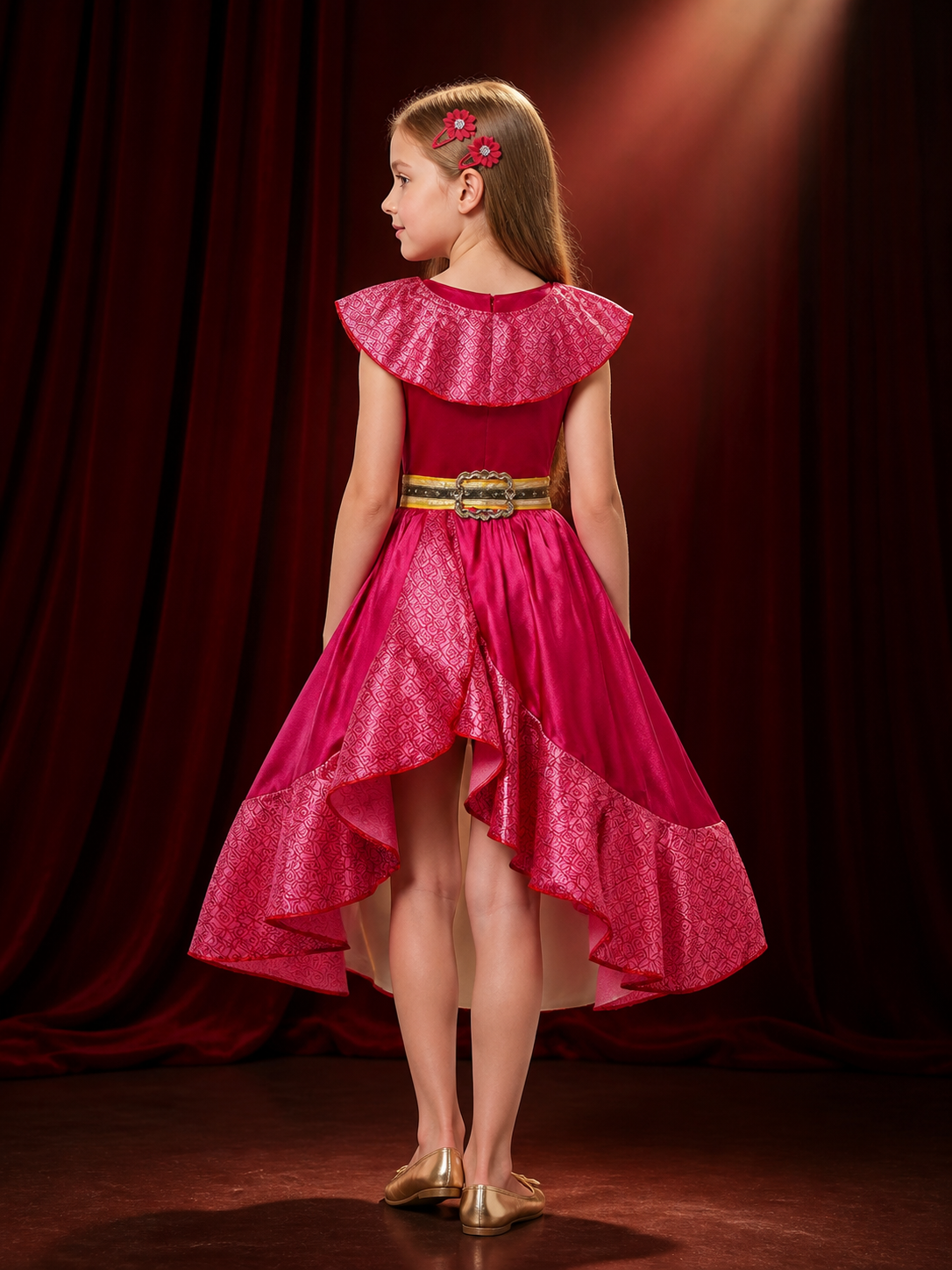 Kids Princess Elena Costume Dress Set with Ruffle Collar and Flower Hair Clips back view