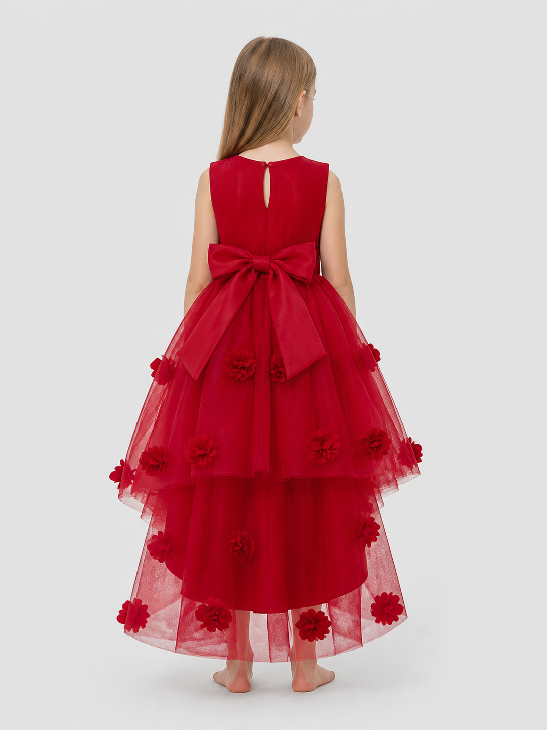 Children's Red Dress with Train, Sleeveless, Bow back view