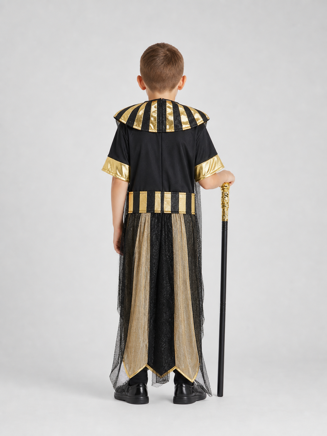 Adult Egyptian Pharaoh Costume Set, 4pcs Robe With Headdress Collar And Waist Belt, Black Gold Cosplay Outfit For Halloween Stage Performance