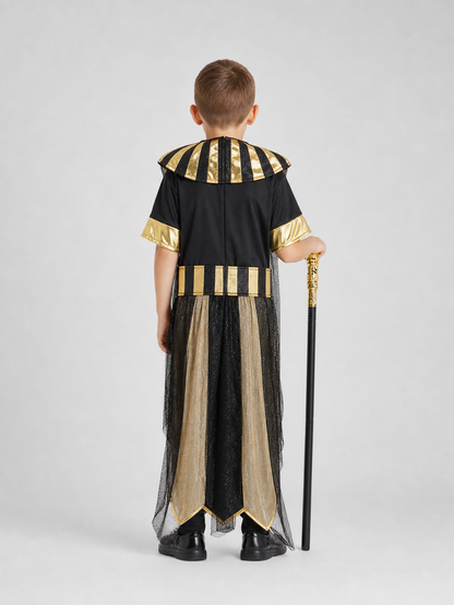 Adult Egyptian Pharaoh Costume Set, 4pcs Robe With Headdress Collar And Waist Belt, Black Gold Cosplay Outfit For Halloween Stage Performance