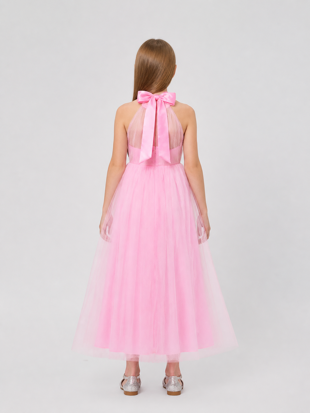 Pink Dress with a Full Skirt and Halter Neckline