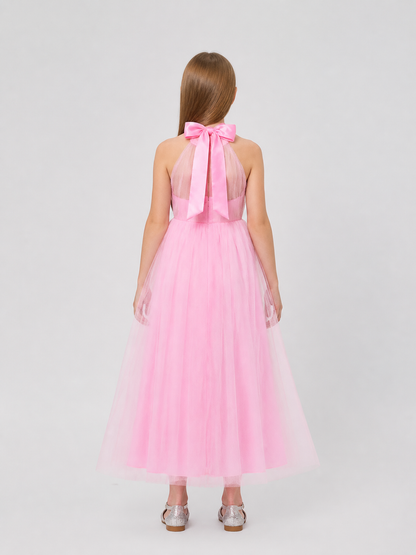 Pink Dress with a Full Skirt and Halter Neckline