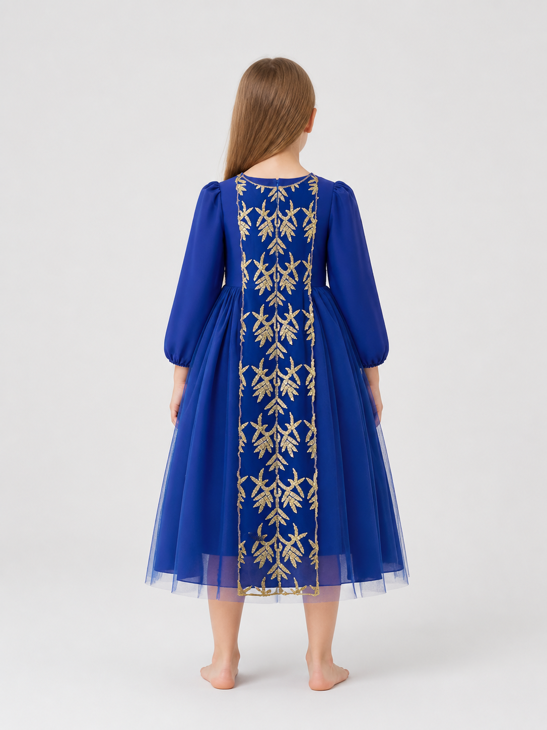 Princess Dress with Gold Embroidery and Full Skirt back view