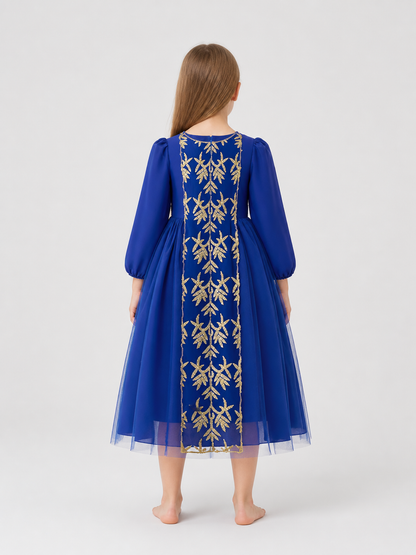 Princess Dress with Gold Embroidery and Full Skirt back view