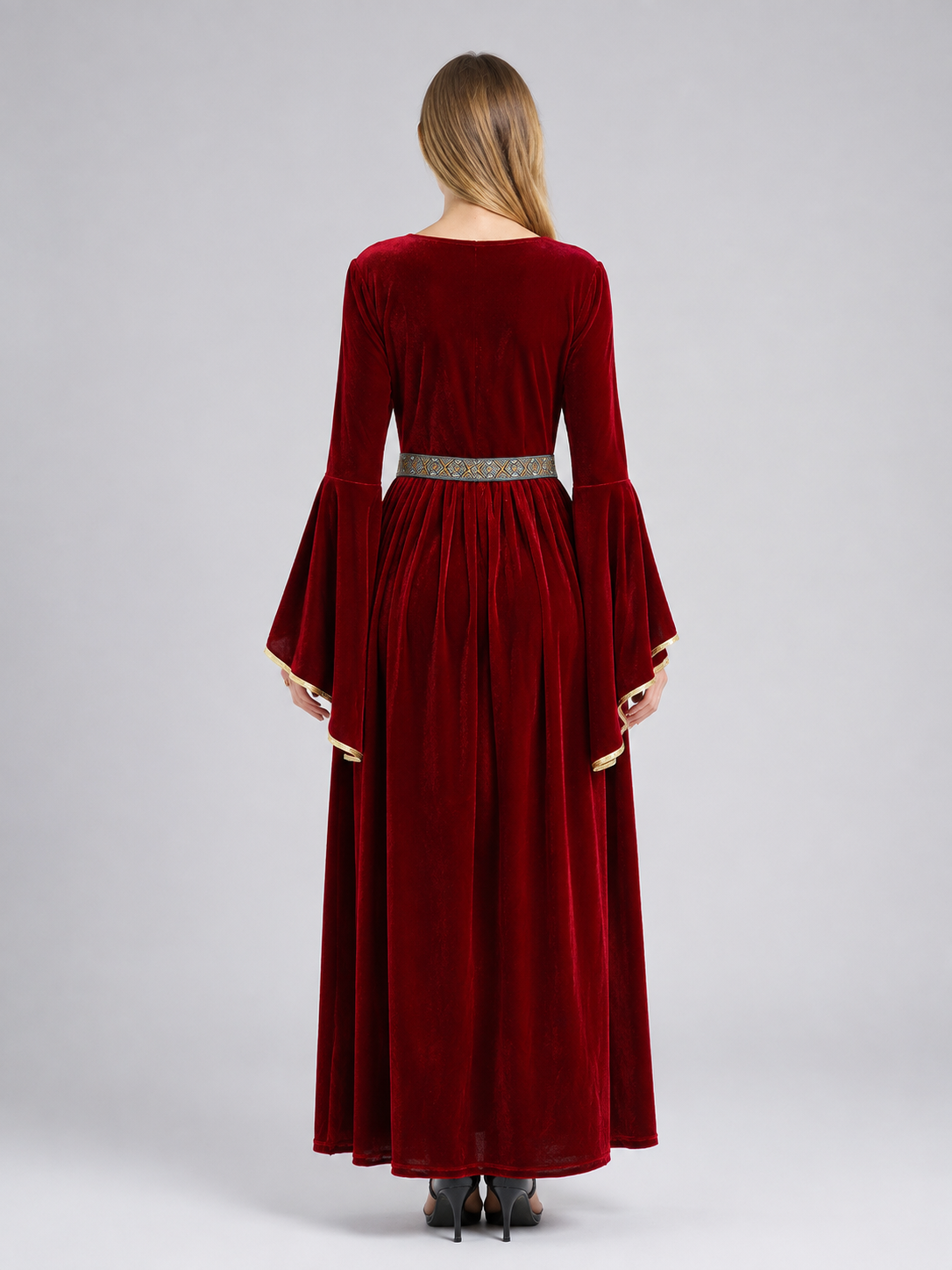 Burgundy Velour Costume Dress with Belt back view