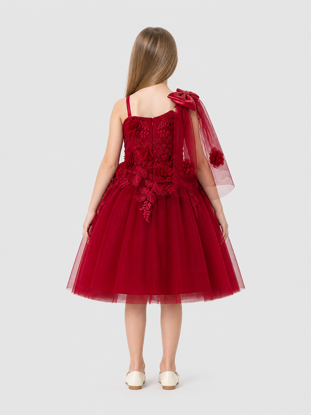 Burgundy children's tutu dress with lace and flowers back view