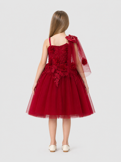 Burgundy children's tutu dress with lace and flowers back view