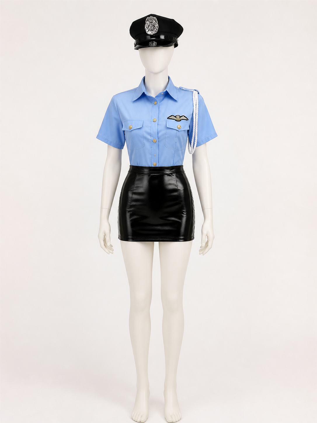 Women's Sexy Police Costume Set - Light Blue Uniform Top with Black Hat and back view