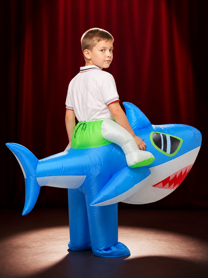 Adult Shark Inflatable Costume, Funny Blue Shark Jumpsuit with Fins and Teeth back view