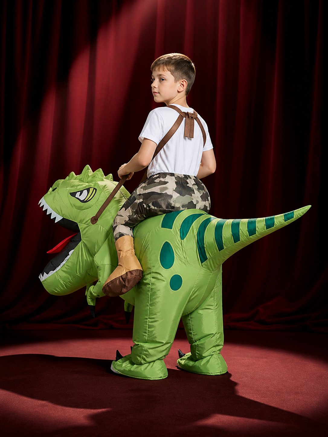 Kids Inflatable Dinosaur Costume, Green Striped Halloween Outfit back view