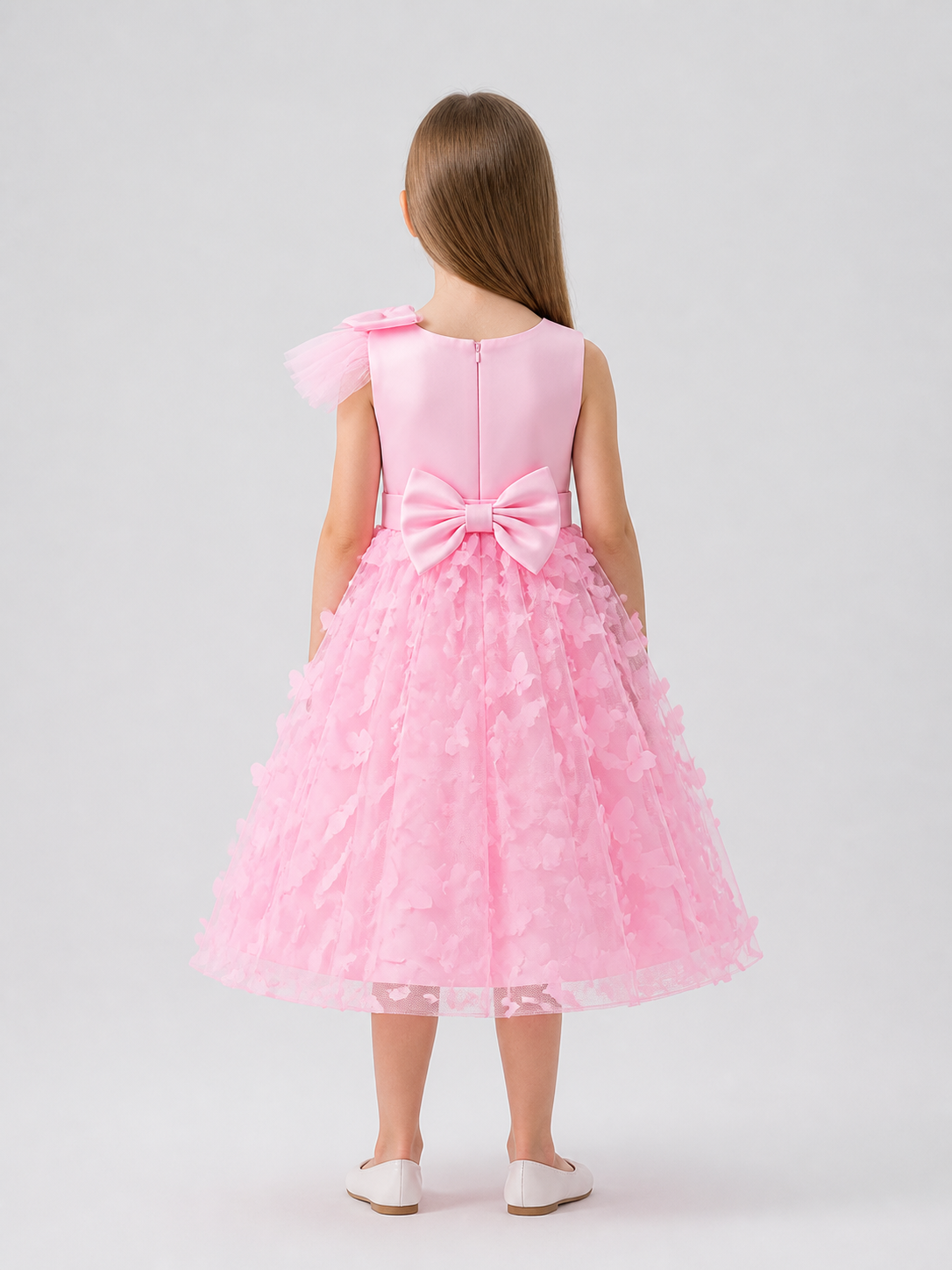 Pink Princess Dress for Girls with Bows and Butterflies back view