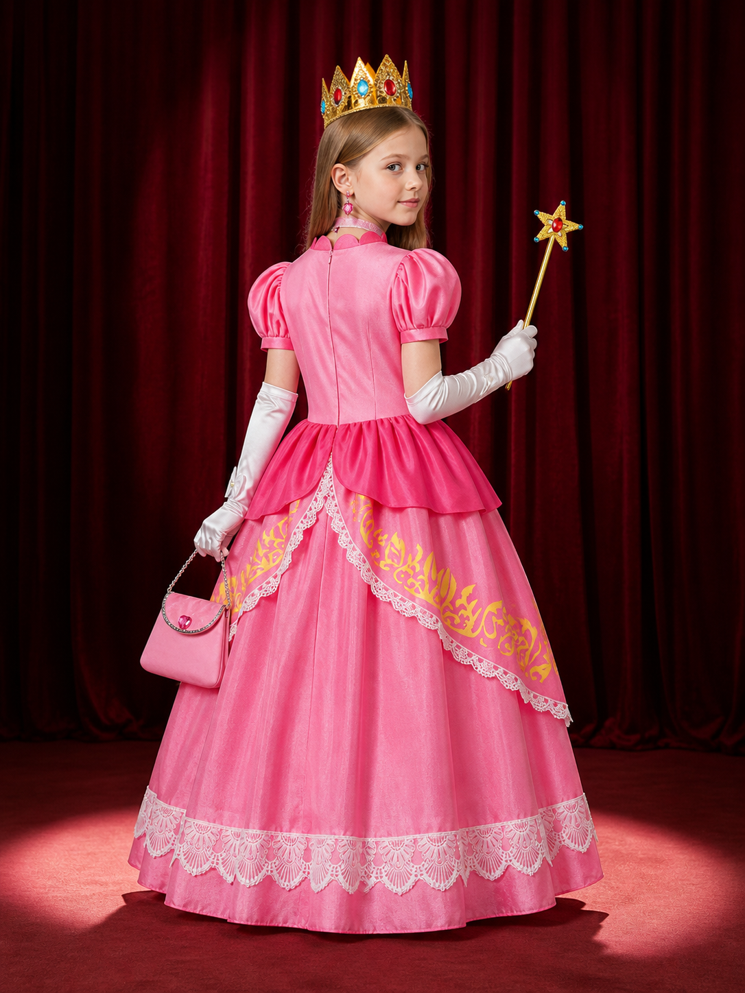 Girls' Princess Halloween Costume Dress Set with Crown, Wand and Handbag
