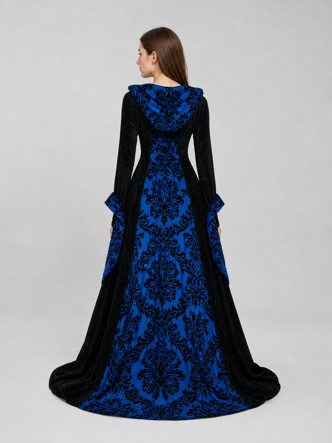 Gothic Hooded Dress with Damask Pattern