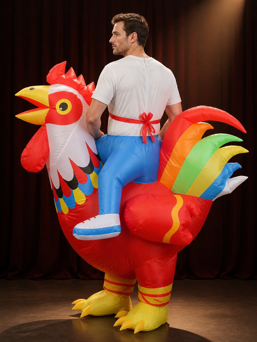 Colorful Rooster Inflatable Costume, Long Tail Chicken Halloween Party Outfit back view