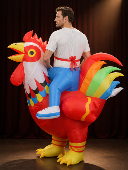 Colorful Rooster Inflatable Costume, Long Tail Chicken Halloween Party Outfit back view