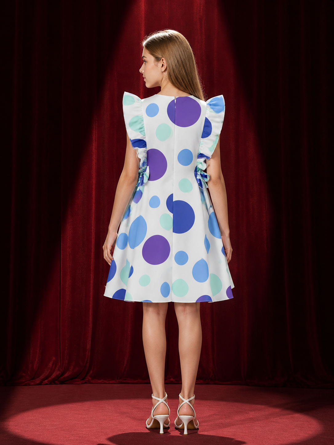 Girls' Polka Dot Princess Dress With Bow Accents, Flutter Sleeves, A-Line Formal back view