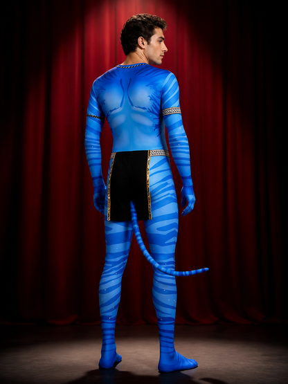Blue Striped Alien Bodysuit Costume with Tail, Halloween Outfit