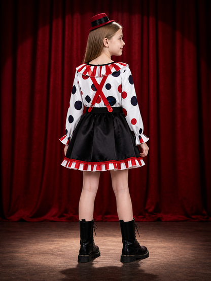 Women's Clown Costume Set, Red White Striped Top with Bow Tie, Skirt and Hat back view