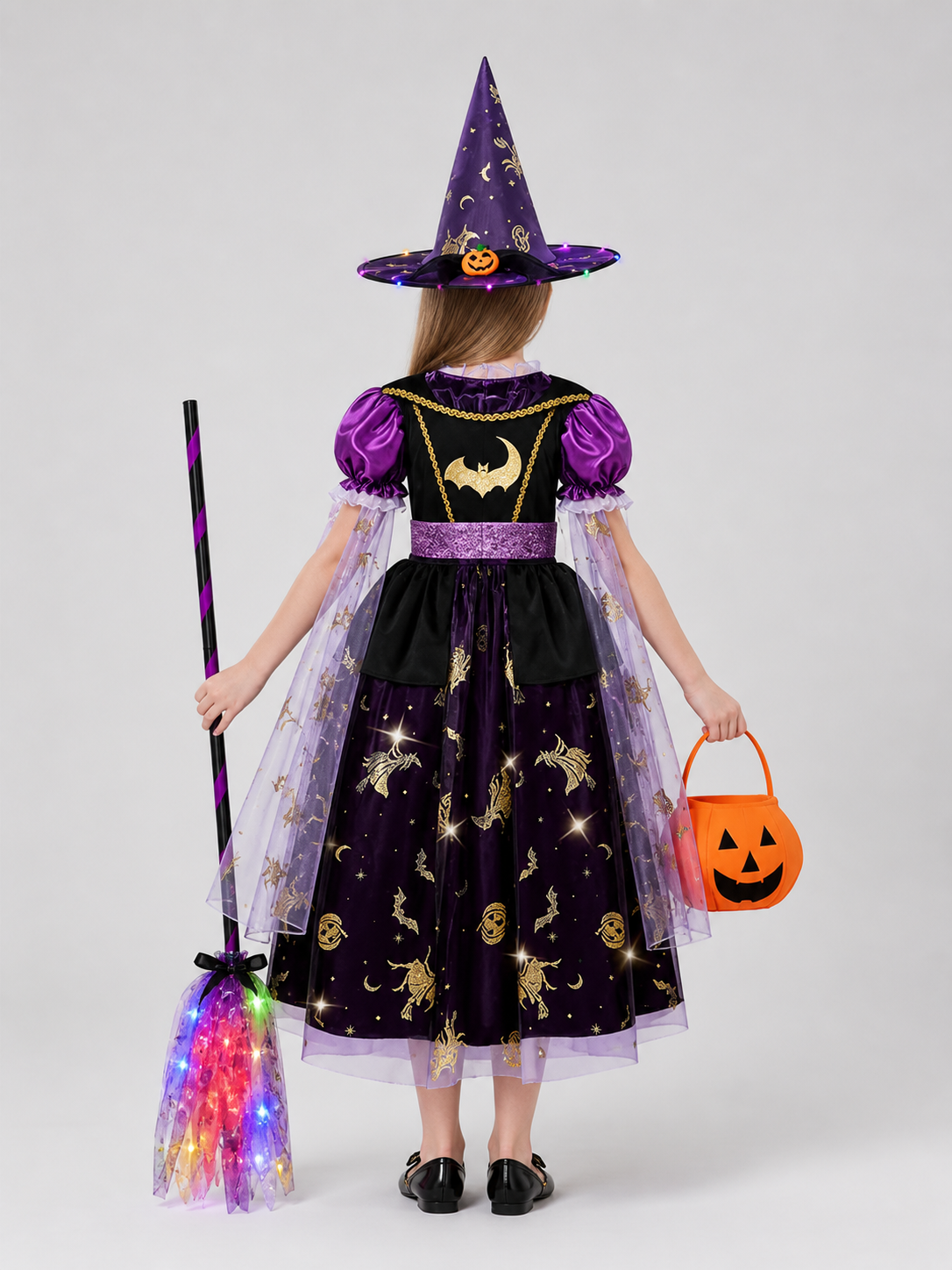 Witch Costume with Hat, Bag, and Broom back view