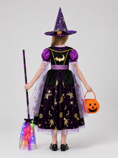 Witch Costume with Hat, Bag, and Broom back view